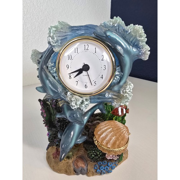 Y2K Dolphin Clock Seashell Trinket Box Ocean Nautical Kitsch Nostalgic Decor - Picture 1 of 11